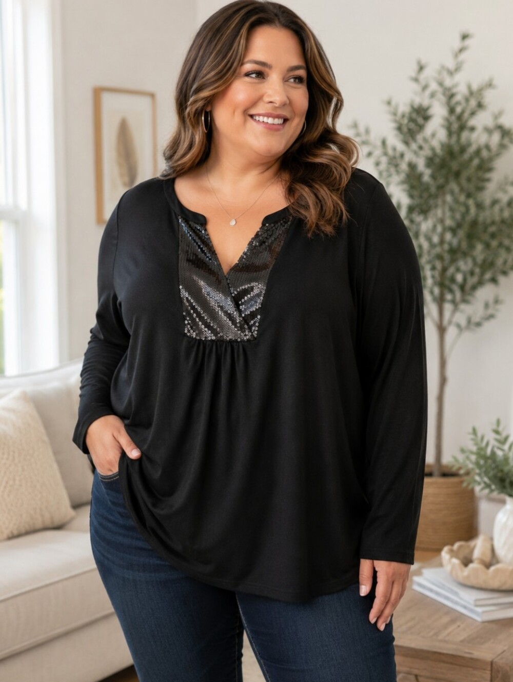 Lane Bryant Plus 22/24 Black Sequin V-Neck Long Sleeve Top  Cotton Modal P2P 25"